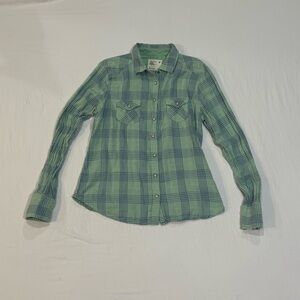 American Eagle Plaid Shirt Girls 16 Green Snap Crinkle Cotton Roll Tab